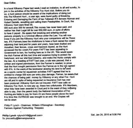 Circular to media last year re hunt activity in Co. Kilkenny